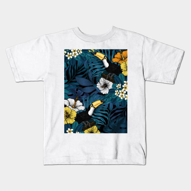 Toucans amd tropical flora, blue , yellow , orange and white Kids T-Shirt by katerinamk